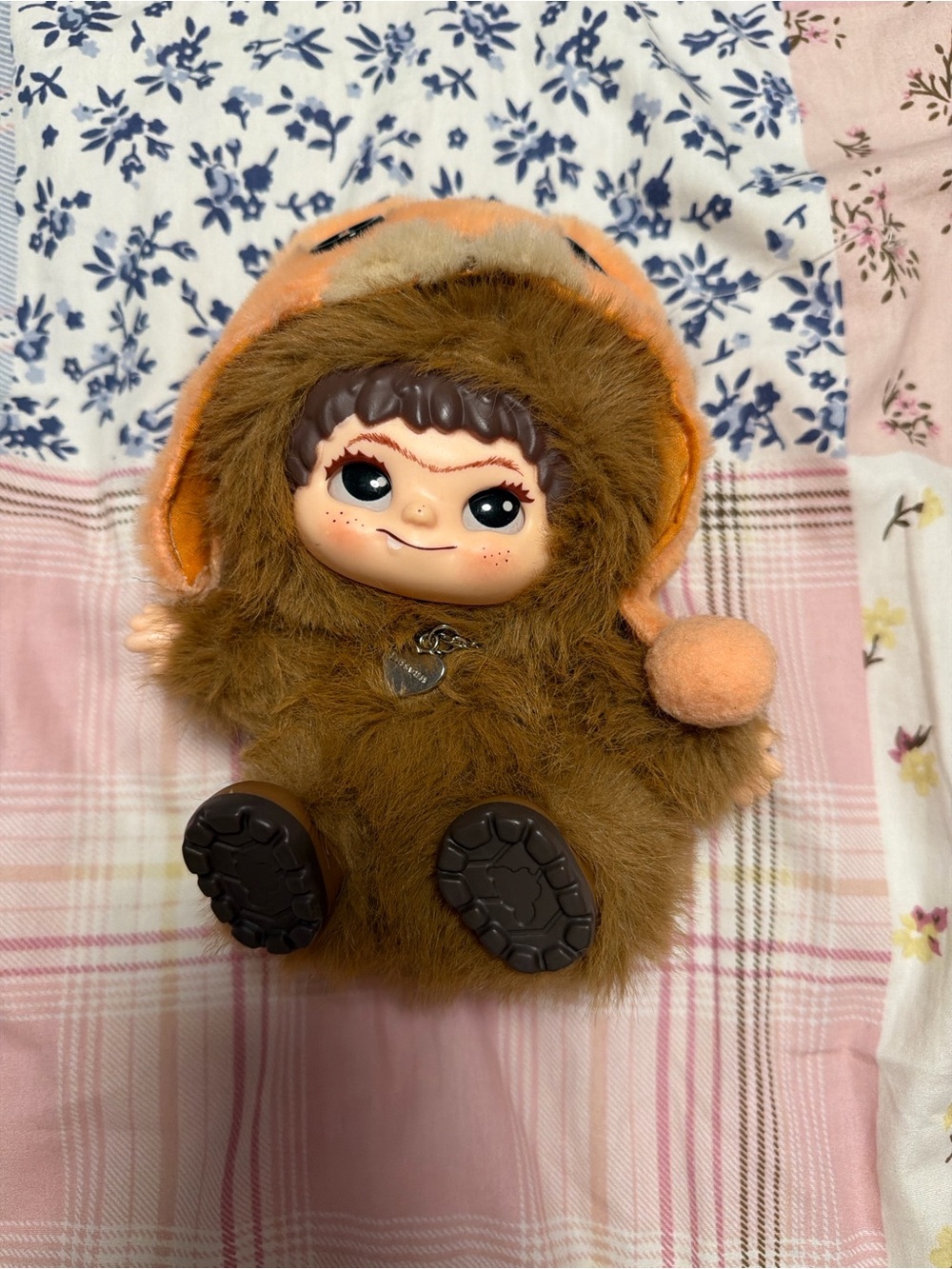 Plush Brown Furry Character Doll with Orange Hood